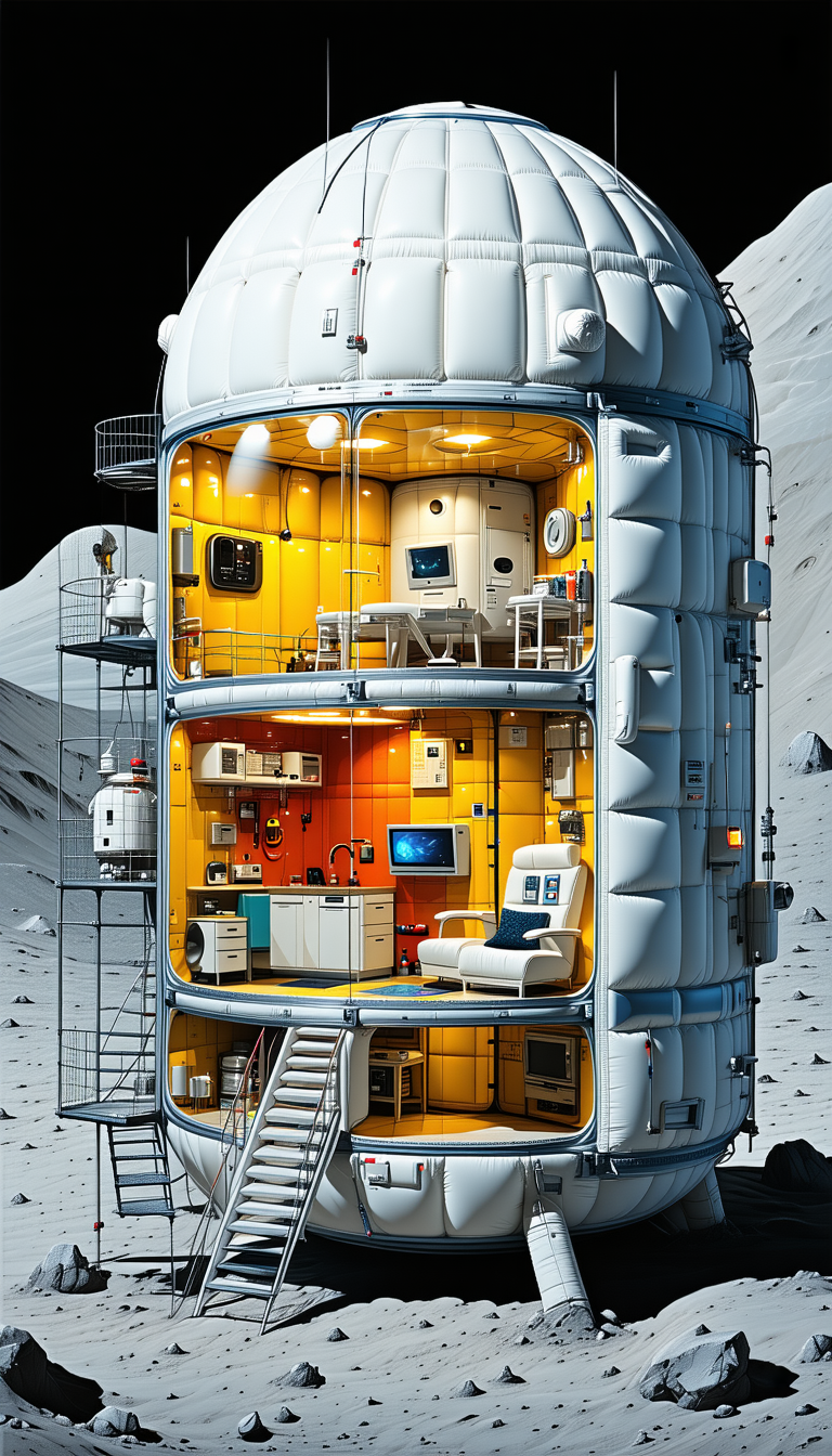 In This Image, There Is A Large, Multi-level Spacecraft With A Variety Of Rooms And Equipment