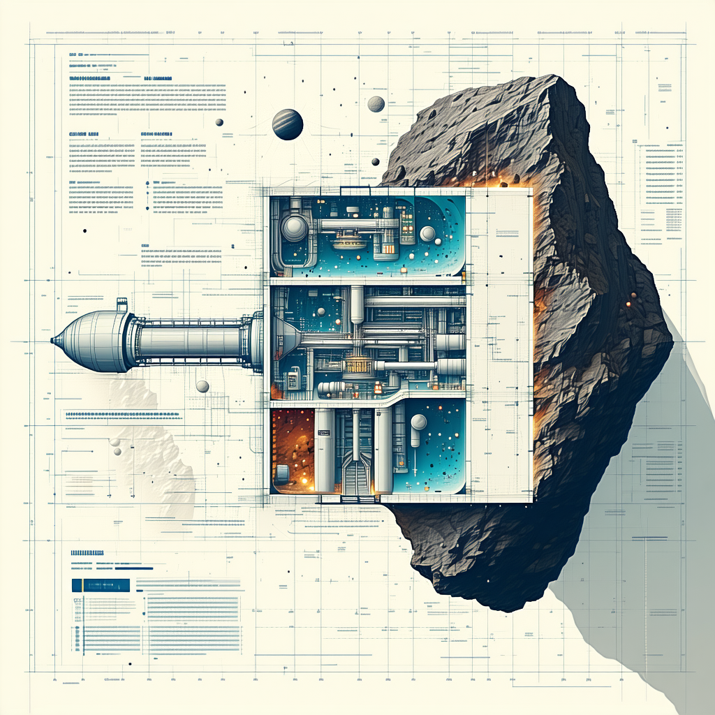 A Large Rock Is Sitting On Top Of A Blueprint, Which Is A Drawing Of A Space Station