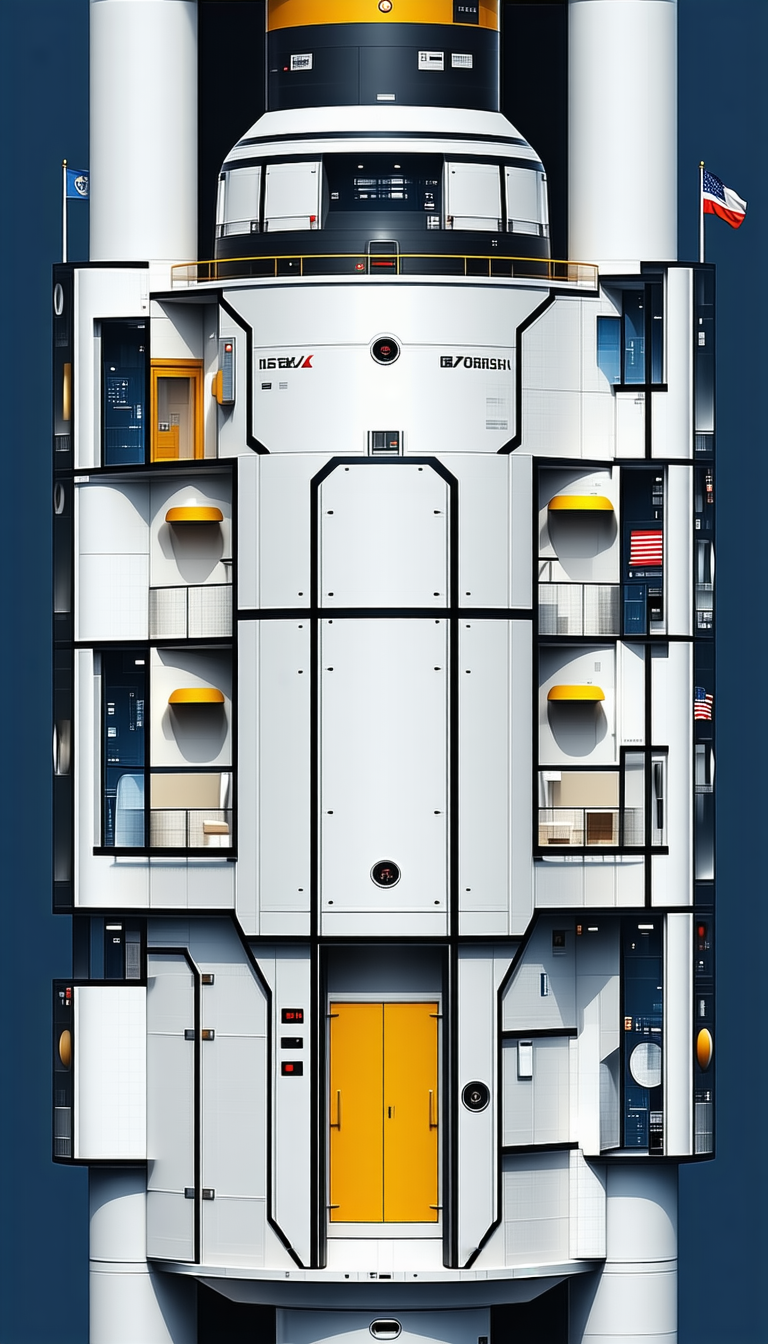 A Large White Spacecraft Is Shown In A Three-dimensional View