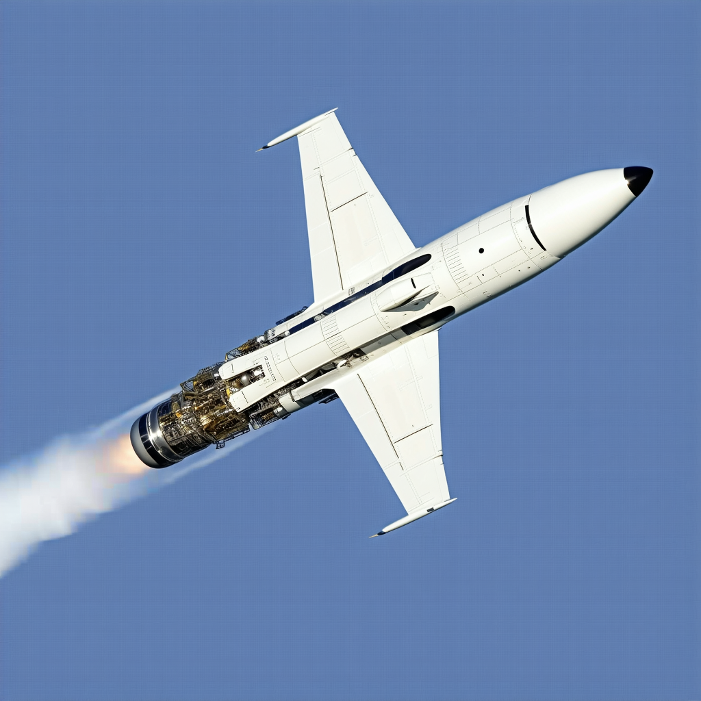 A White Fighter Jet Is Flying Through The Sky, Leaving A Trail Of Smoke Behind It