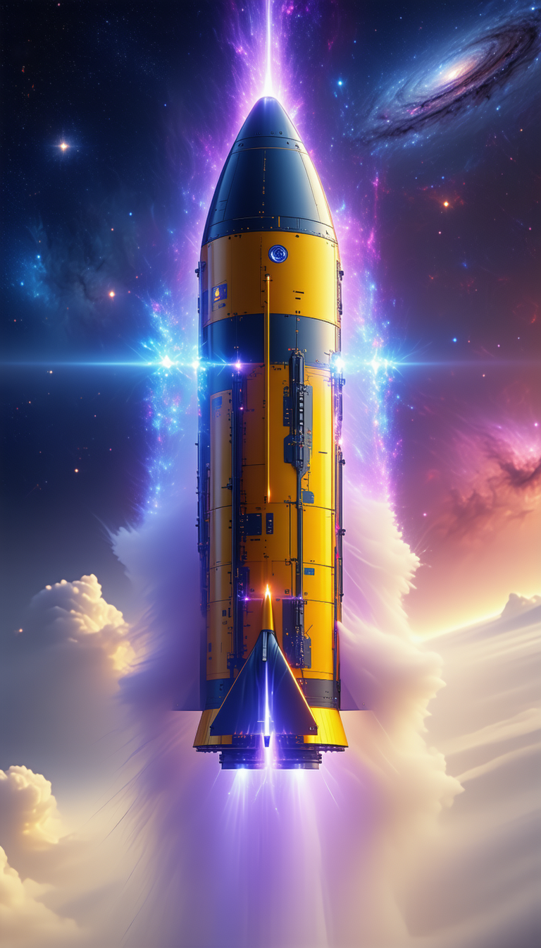 A Large, Yellow Rocket Ship With A Blue Stripe On It, Soaring Through The Sky