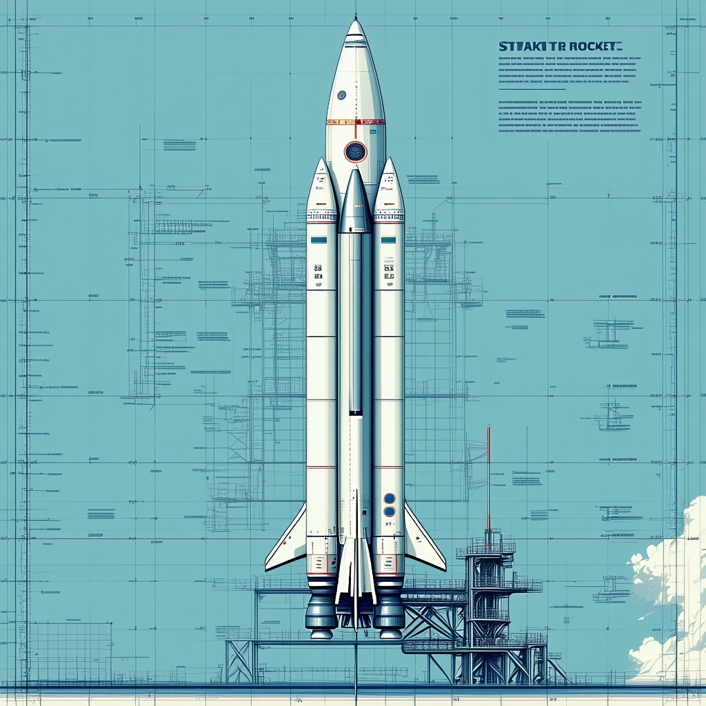 A Rocket Is Shown In A Blue And White Drawing, With The Rocket Being The Main Focus Of The Image