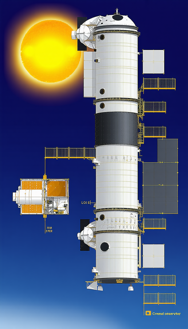 A Large White Spacecraft Is Shown In A Blue Sky, With A Sun In The Background
