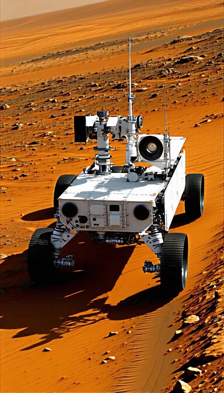 A White Robotic Vehicle, Possibly A Rover, Driving On A Red Dirt Surface