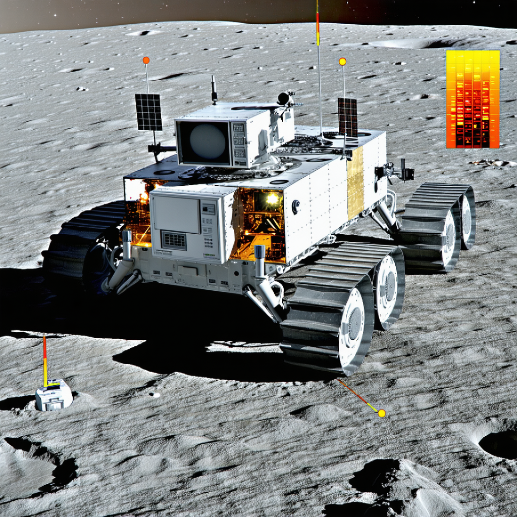 A White Vehicle Is Parked On The Moon, With A Large Antenna On Top