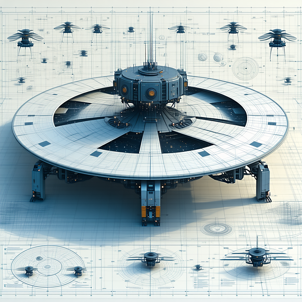 A Large, Circular Spacecraft Is Shown In A Blue And White Color Scheme