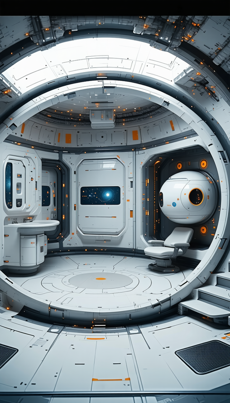 In This Image, There Is A Futuristic Space Station With A Large White Room