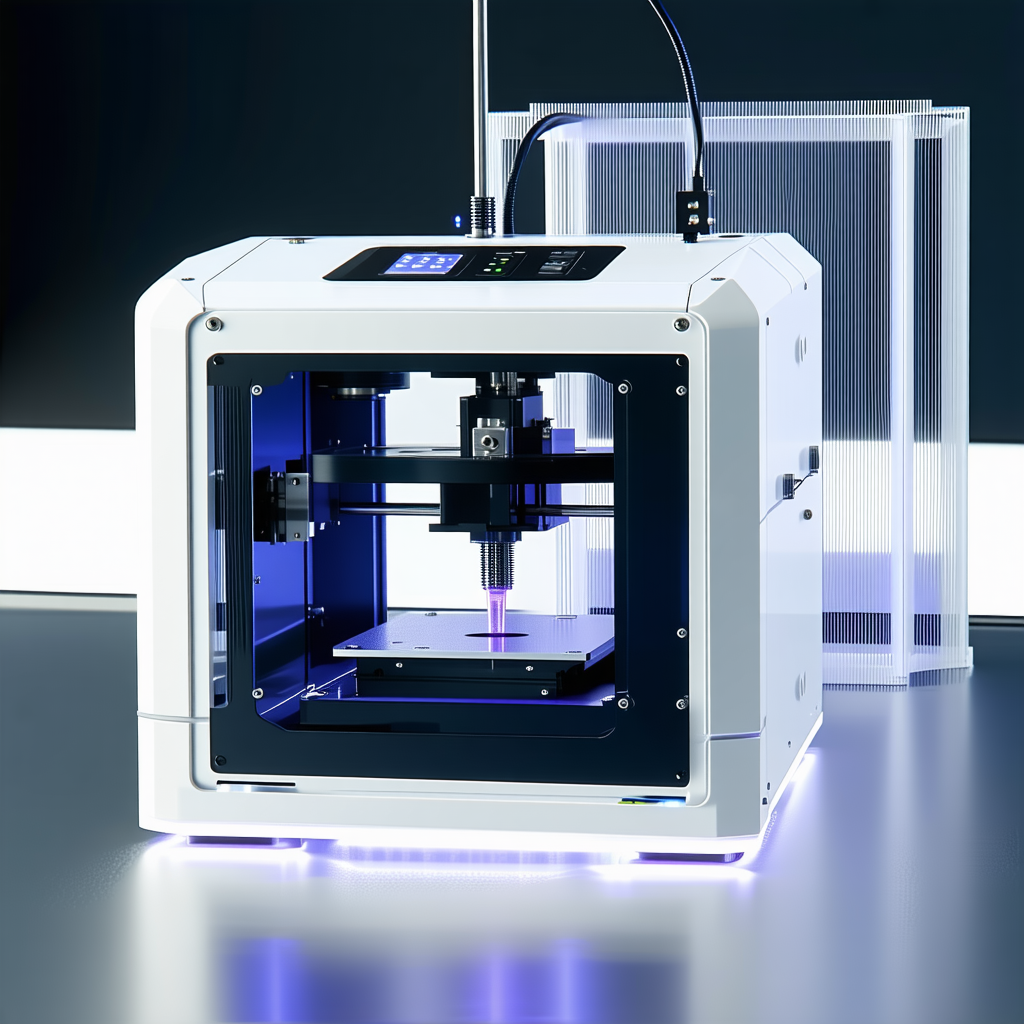 A White 3d Printer Is Sitting On A Table, With A Blue Light Illuminating The Bottom Of The Machine