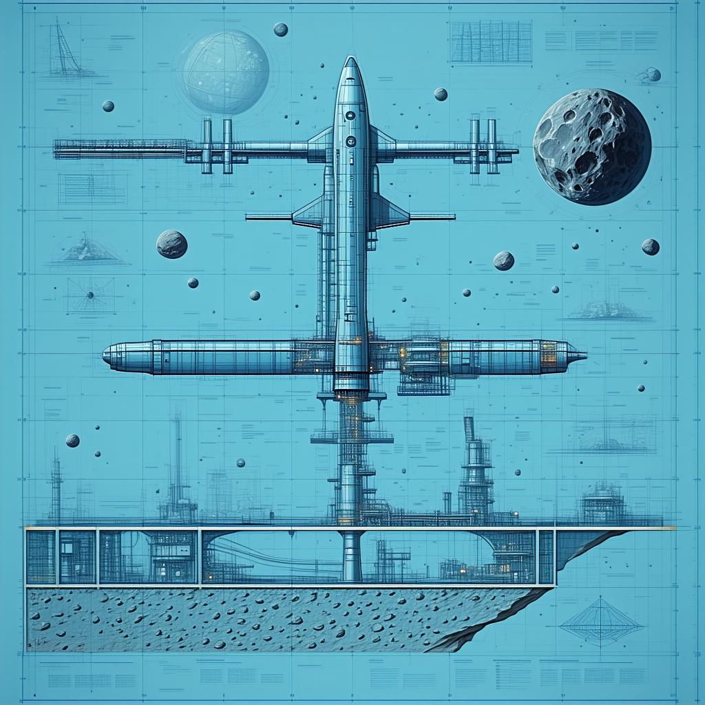 A Blue And White Drawing Of A Space Ship Is Shown In The Image