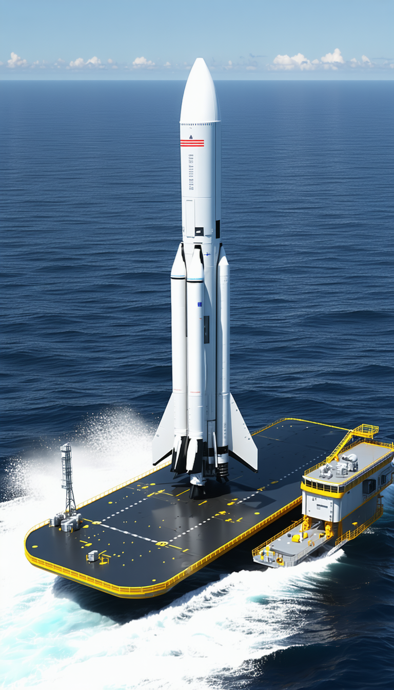 A Large White Rocket Ship On A Yellow Platform, Which Is Floating On The Water