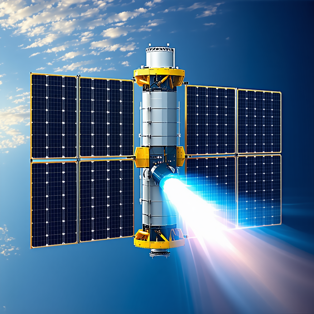 A Spacecraft Is Shown In A Blue Sky, With A Solar Panel On The Side