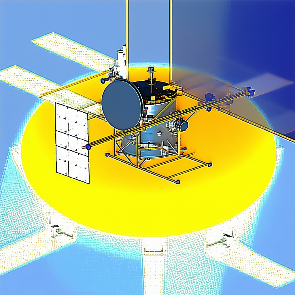 A Space Station Is Shown In A Blue And Yellow Color Scheme