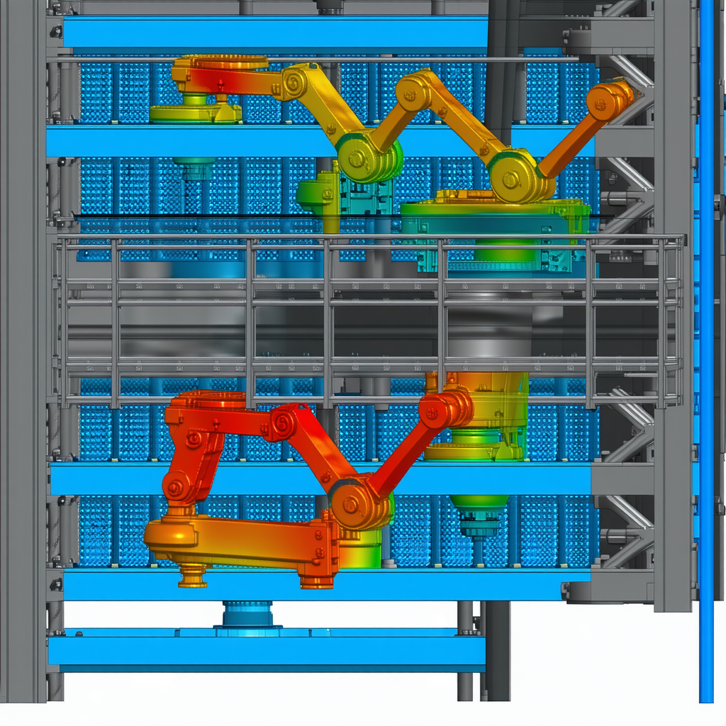 A Large, Blue Metal Structure With A Series Of Orange And Yellow Robotic Arms Attached To It