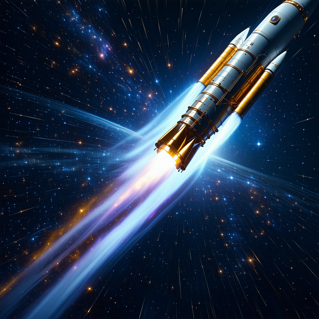 A Rocket Ship Flying Through The Night Sky