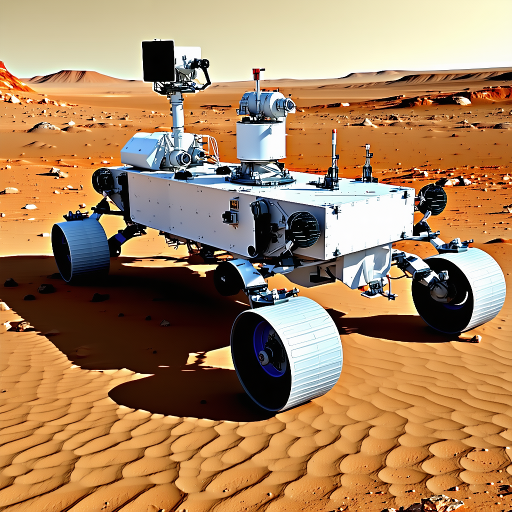 A White Robotic Vehicle, Possibly A Rover, Sitting On A Dirt Surface In A Desert-like Environment