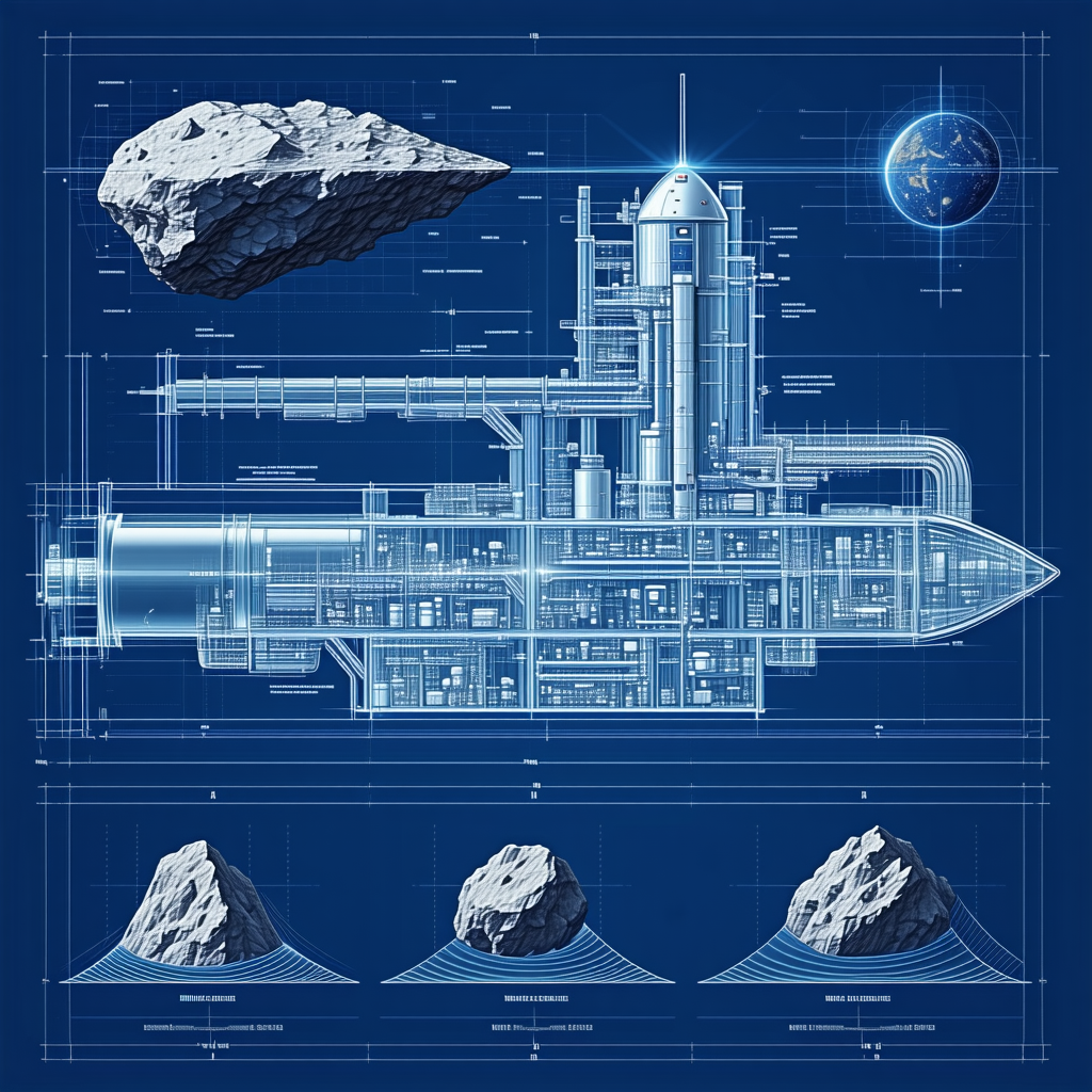 A Blue Drawing Of A Space Ship Is Shown, With A Large Rock In The Foreground