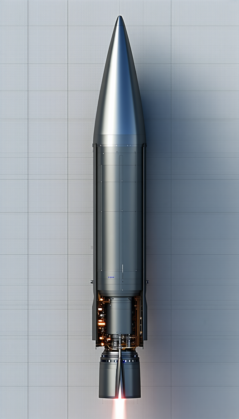 A Large Rocket Is Shown In A White Room, With A Gray Background