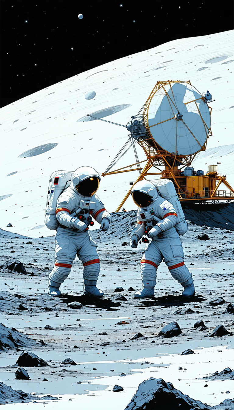 In The Image, There Are Two Astronauts Standing On The Moon, Wearing White Suits