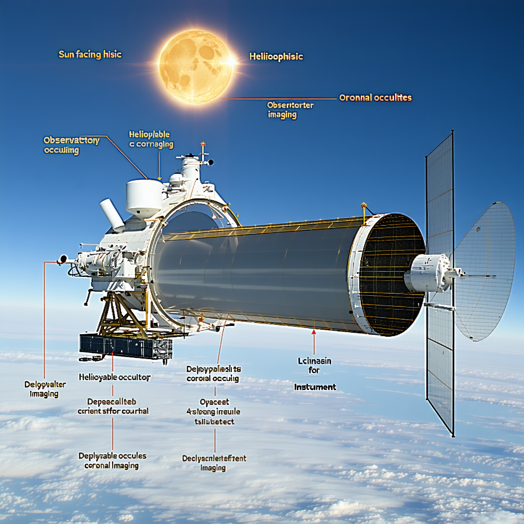 The Image Is A Diagram Of A Spacecraft, Specifically A Satellite, With Various Parts Labeled