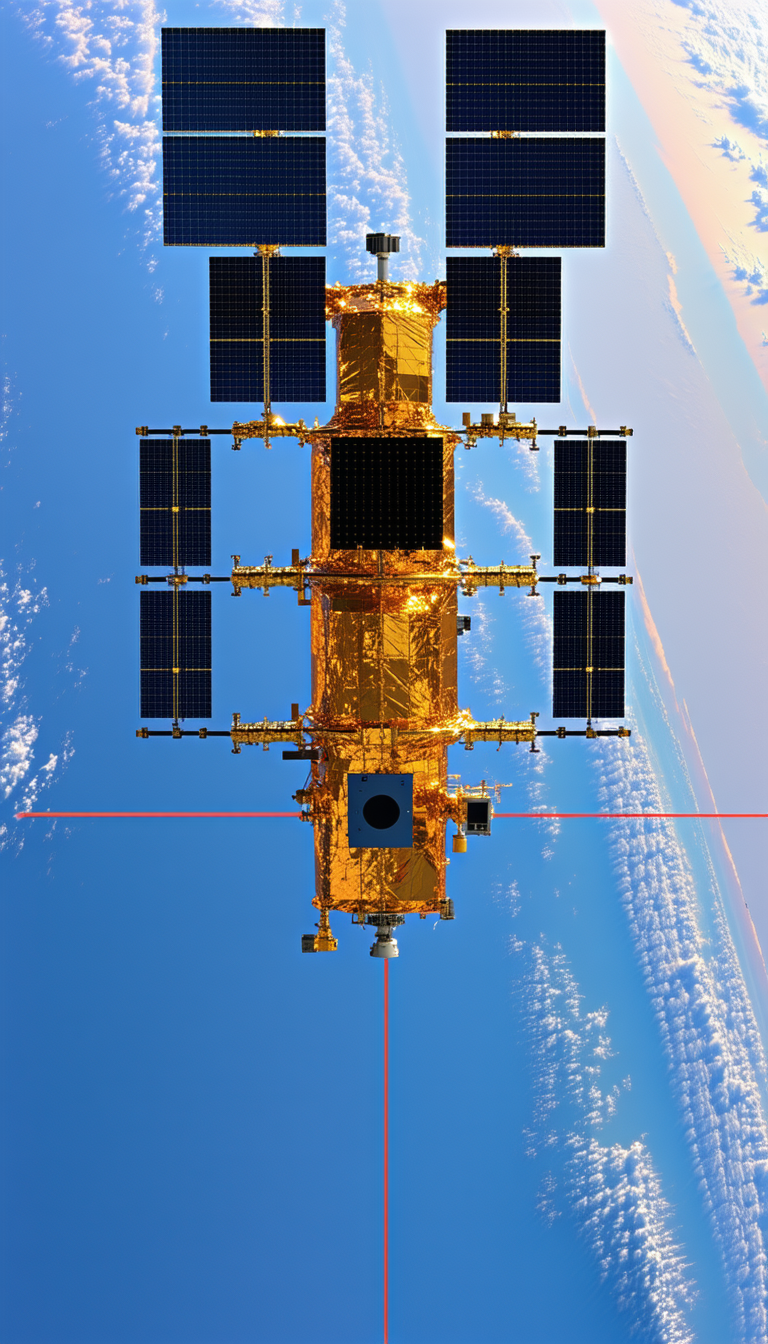 large, gold spacecraft flying through