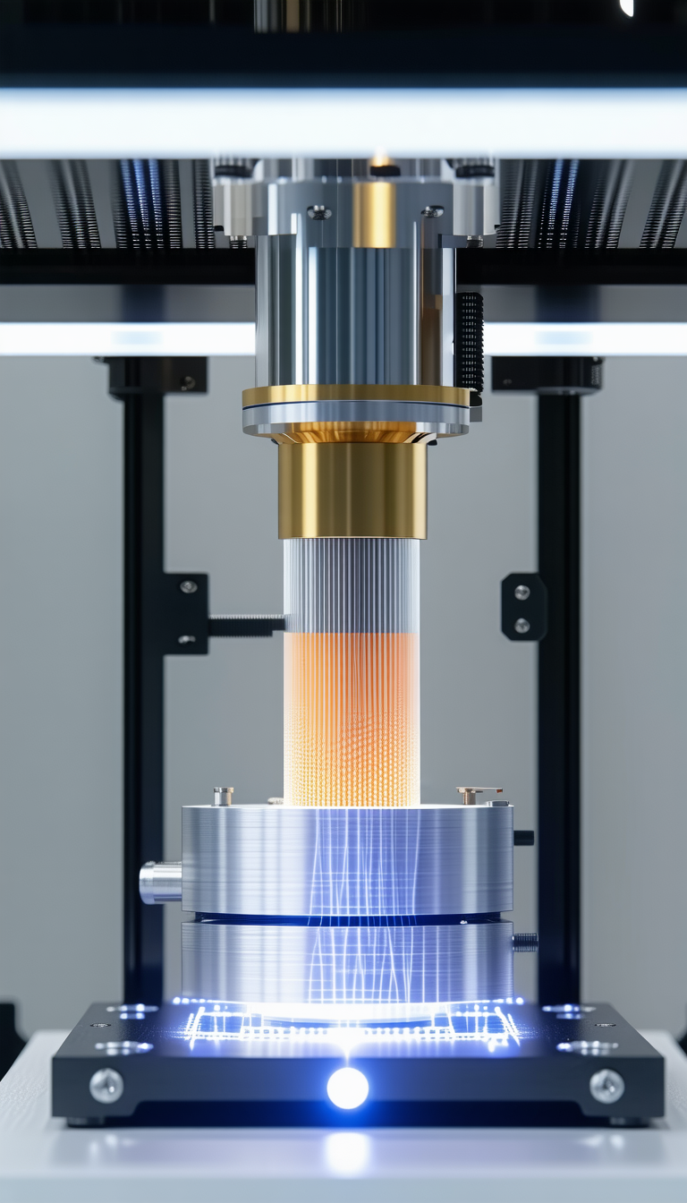 A Large Machine With A Blue And Orange Light Shining Through It