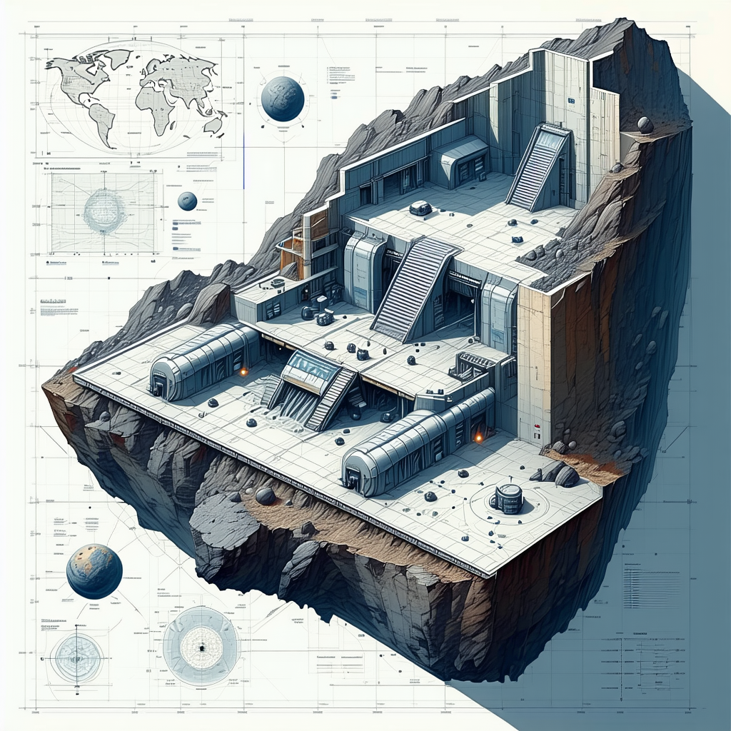 A Blueprint Of A Futuristic Building Is Shown, With A Large Rock In The Foreground
