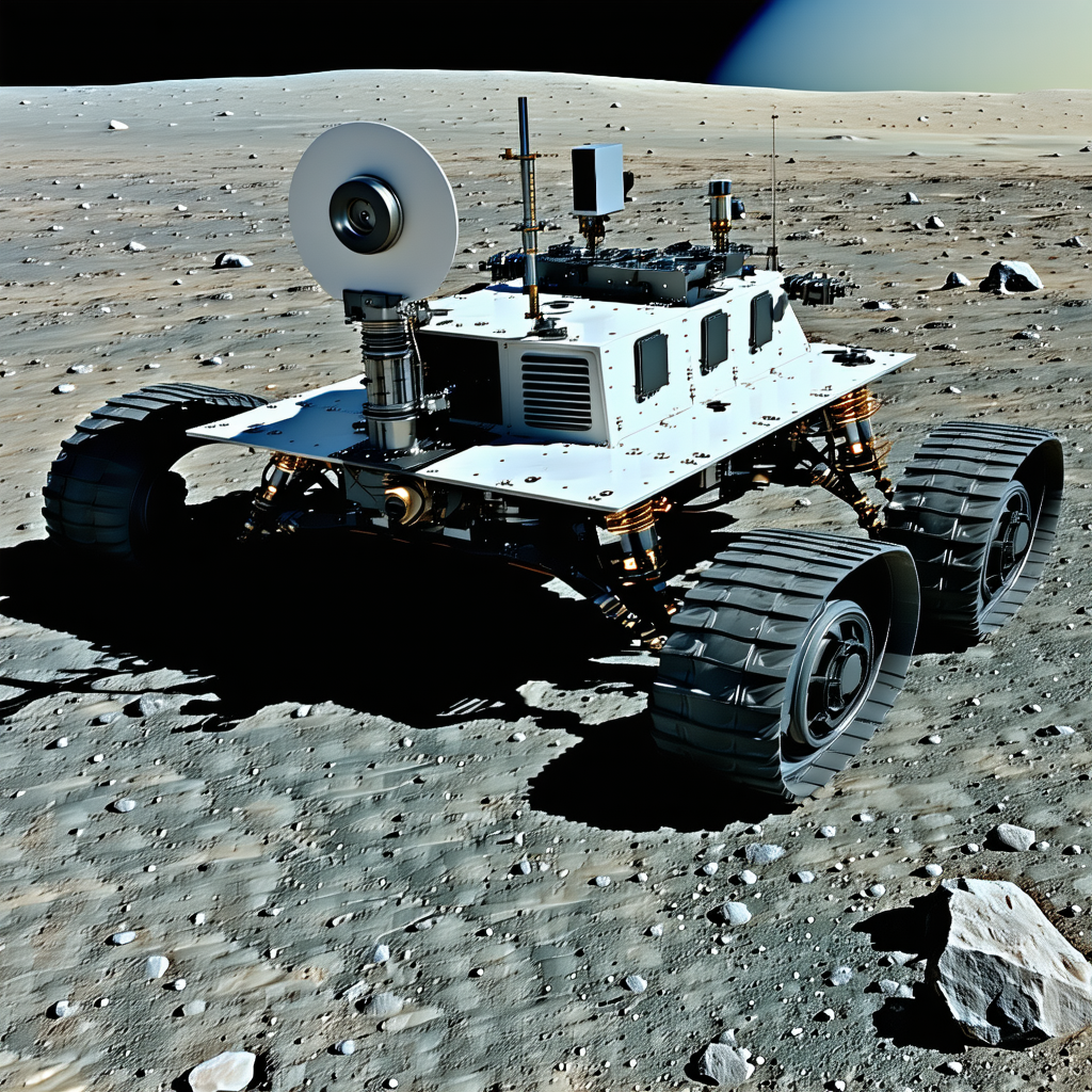 A White Robotic Vehicle Is Parked On The Surface Of The Moon