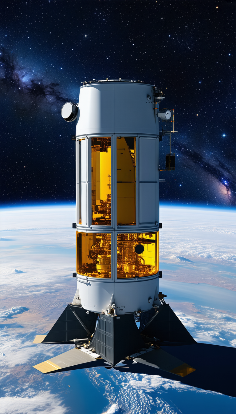 A Large White Spacecraft With A Yellow Dome On Top, Floating In The Sky
