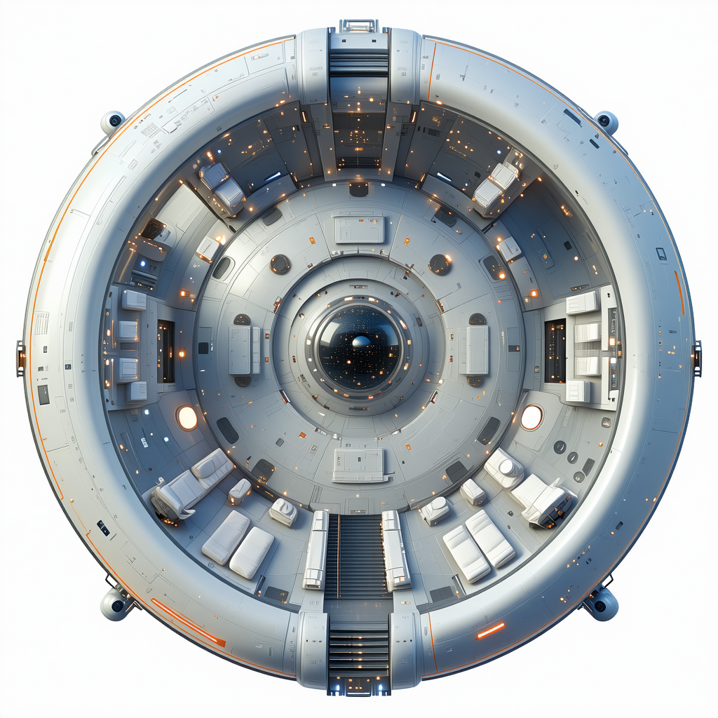 The Image Is A 3d Model Of A Space Station, Showcasing Its Interior