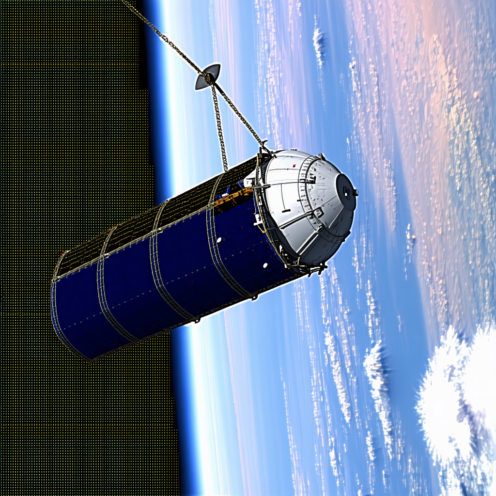 A Blue And White Spacecraft Is Suspended In The Air, With A Large Cable Attached To It