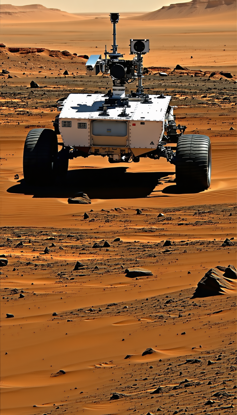 A Large White Vehicle Is Driving Across A Desert Landscape