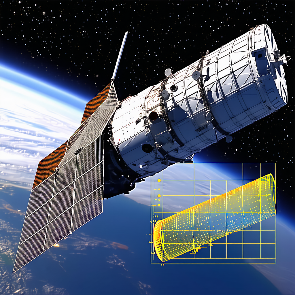 A Spacecraft With A Large Dish Antenna On Its Side, Flying Through The Sky