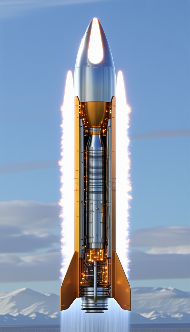 A Rocket Is Shown In A Close-up View, With Its Engine Lit Up