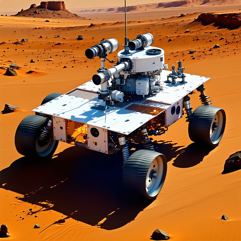 A White Robotic Vehicle With A Large Gun Mounted On The Front