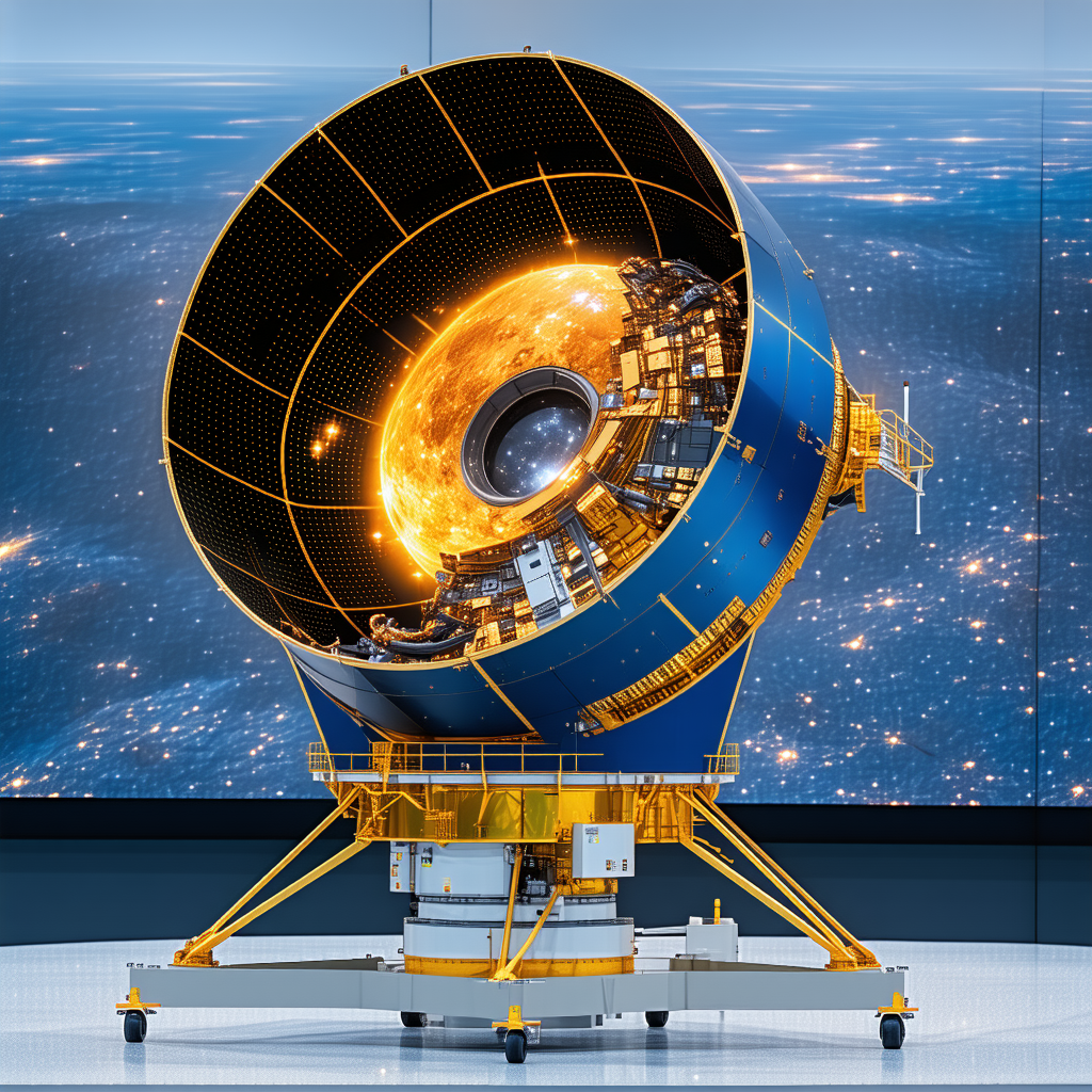 A Large, Yellow And Blue Satellite Dish On Display
