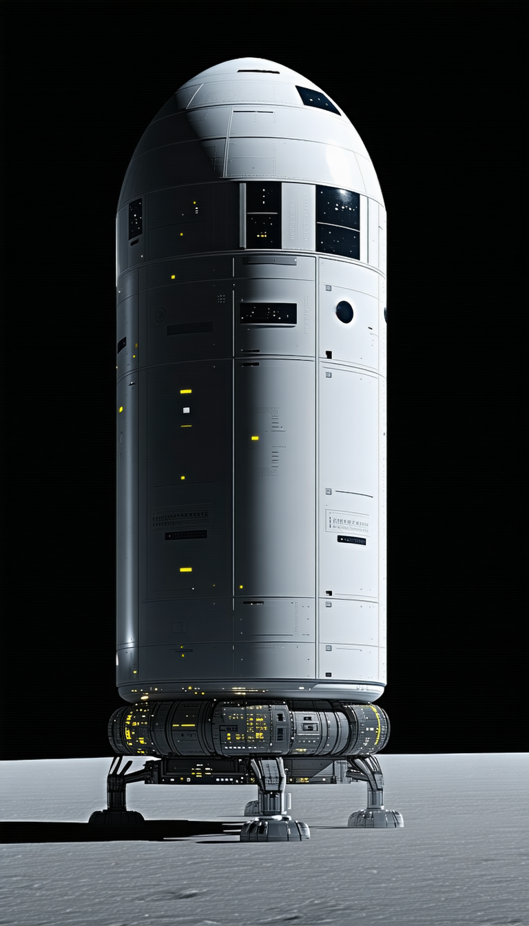A Large White Spacecraft Is Shown In A Dark Room
