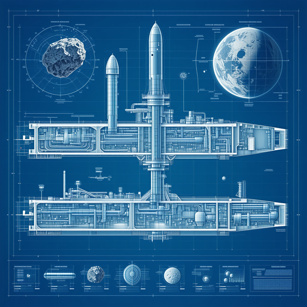 The Image Is A Blue And White Drawing Of A Spacecraft, Which Appears To Be A Large Ship