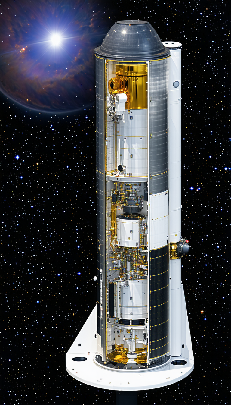 A Large Spacecraft, Possibly A Rocket Or A Space Shuttle, With A White And Gold Color Scheme