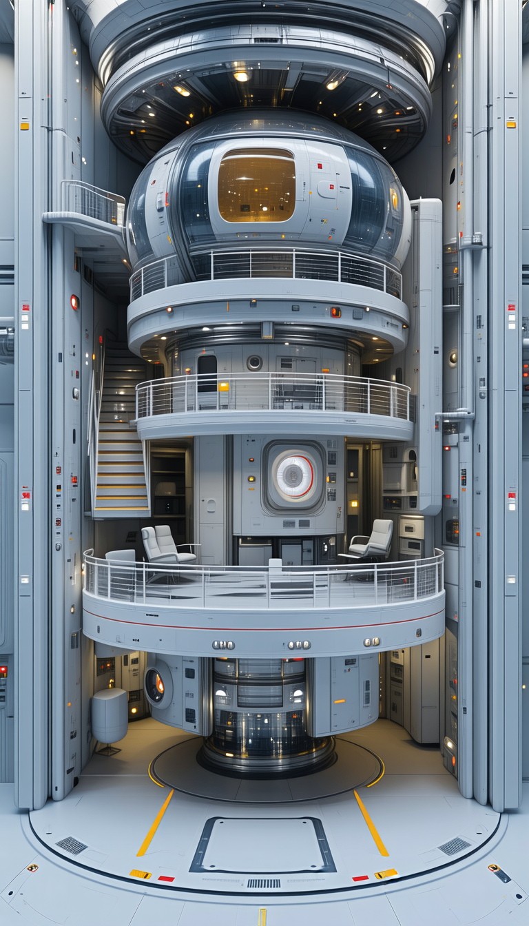 In The Image, There Is A Large, Futuristic Building With A Spiral Staircase Leading To The Top