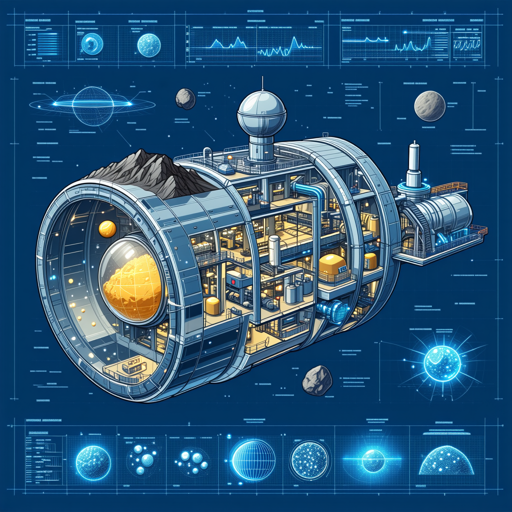 The Image Is A Blue And White Illustration Of A Space Station, Which Is Shaped Like A Large Sphere