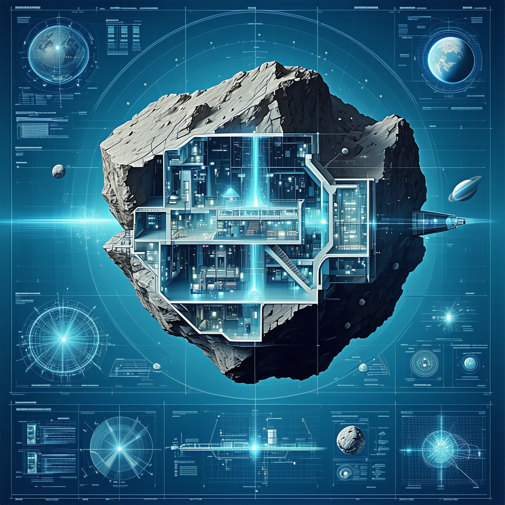 A Futuristic Space Station Is Depicted In A Blue And White Drawing