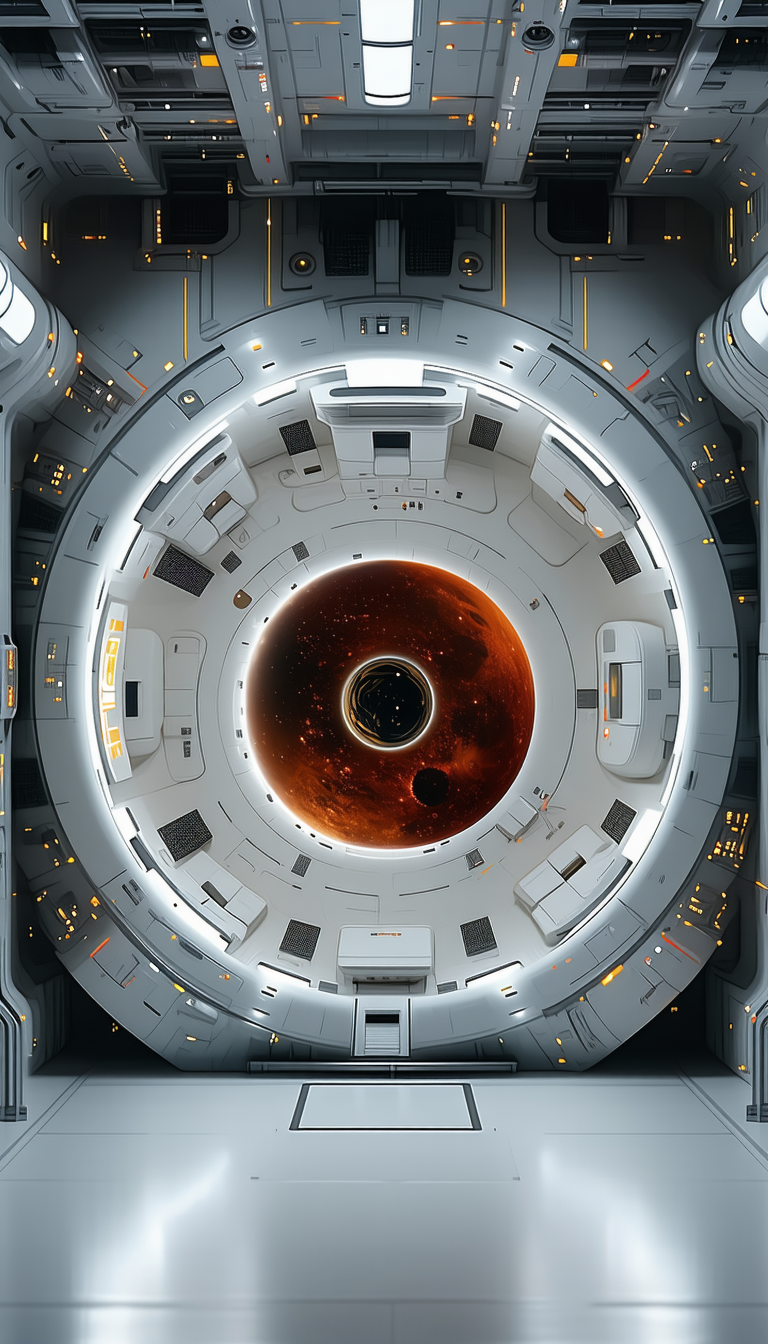 In The Image, There Is A Large White Spacecraft With A Black Circle In The Center