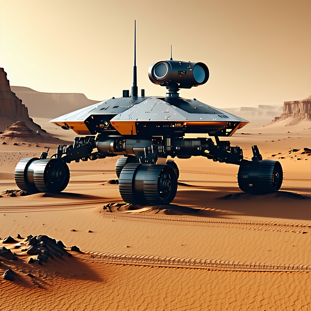 A Large Robotic Vehicle Is Sitting On A Dirt Surface, Possibly In A Desert