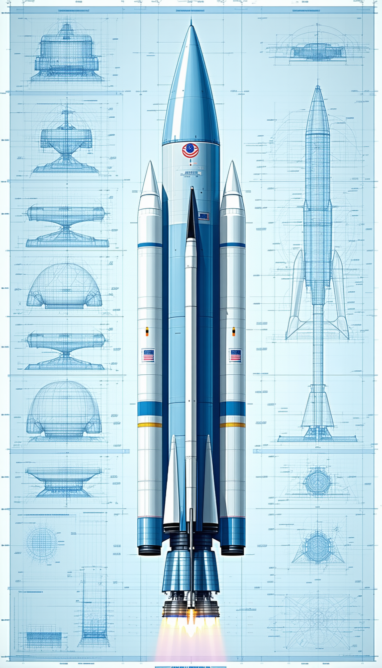 A Large Rocket Is Shown In A Blue And White Drawing