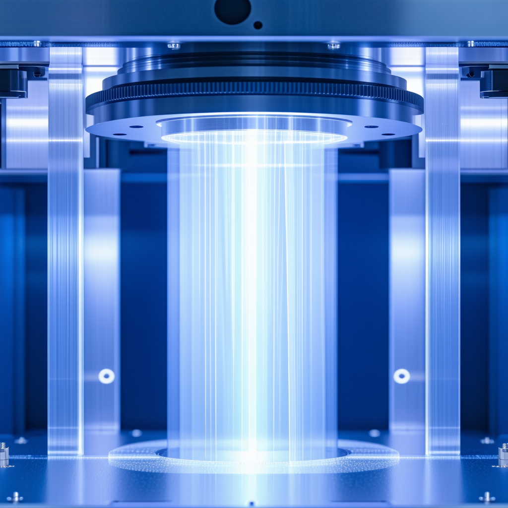 A Large, Blue, And Clear Machine With A Light Shining Through It