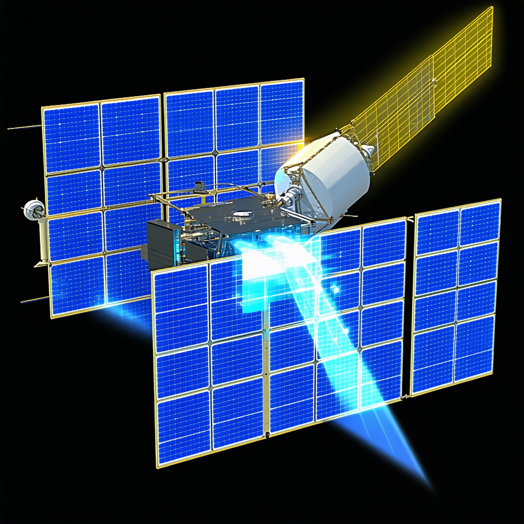 A Spacecraft Is Shown In A Close-up View, With Its Solar Panels And Other Components Clearly Visible