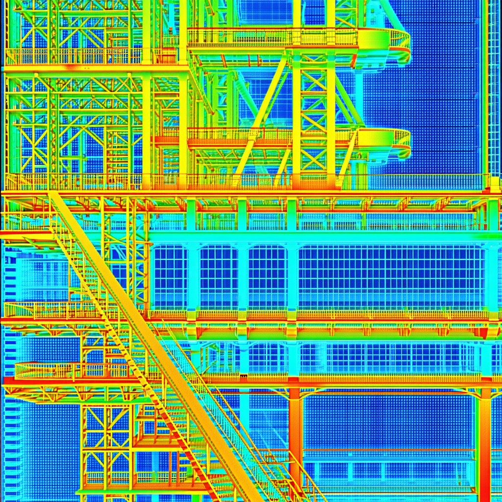 A Blue And Yellow Staircase Is Located In The Middle Of A Building