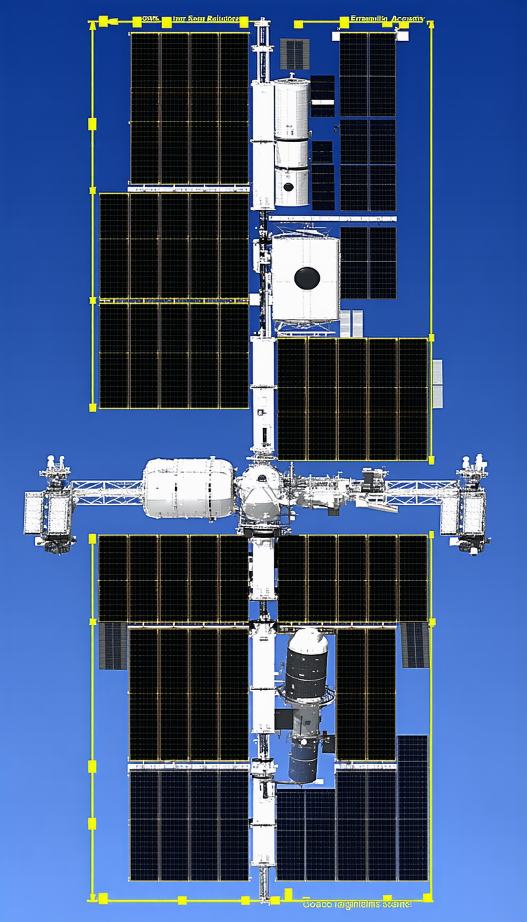 A Space Station Is Shown In A Blue Sky, With A Large Satellite Attached To The Side Of It