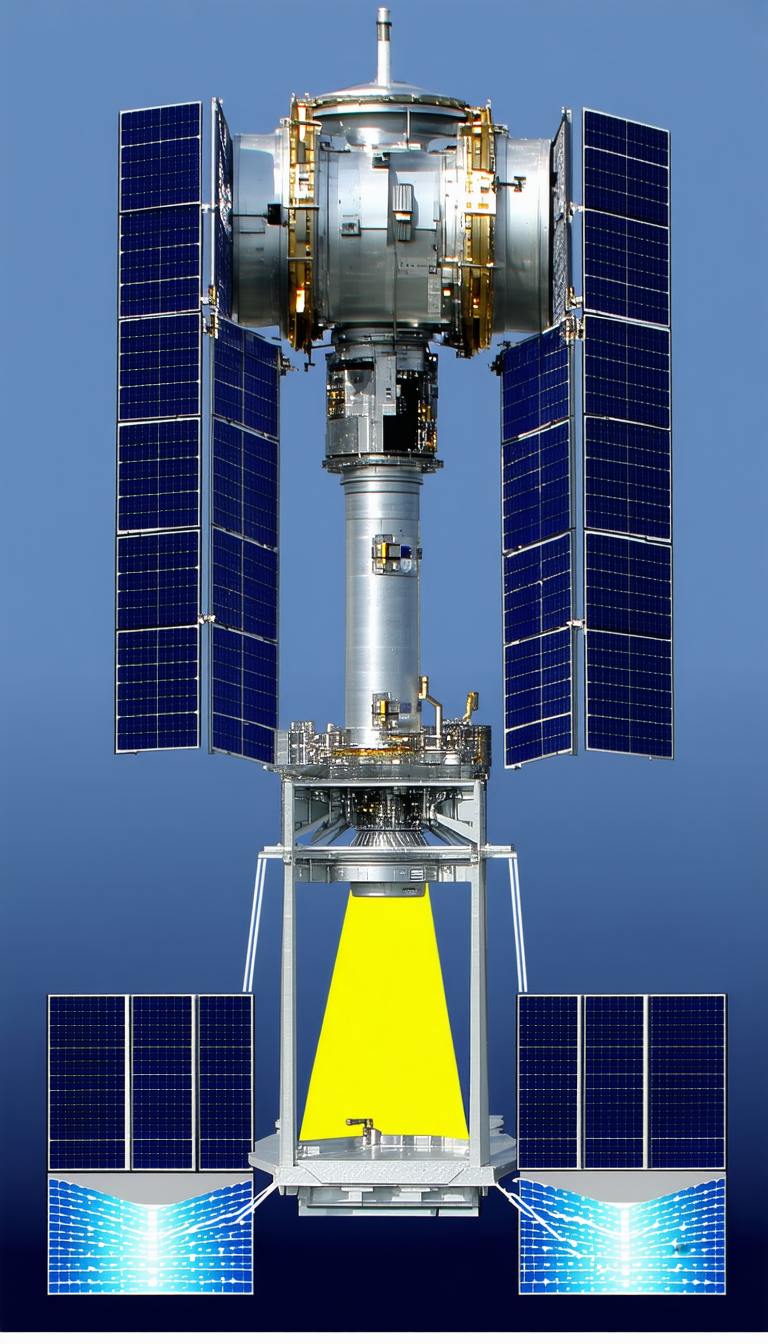 A Large Satellite Dish With A Yellow Light Shining From It