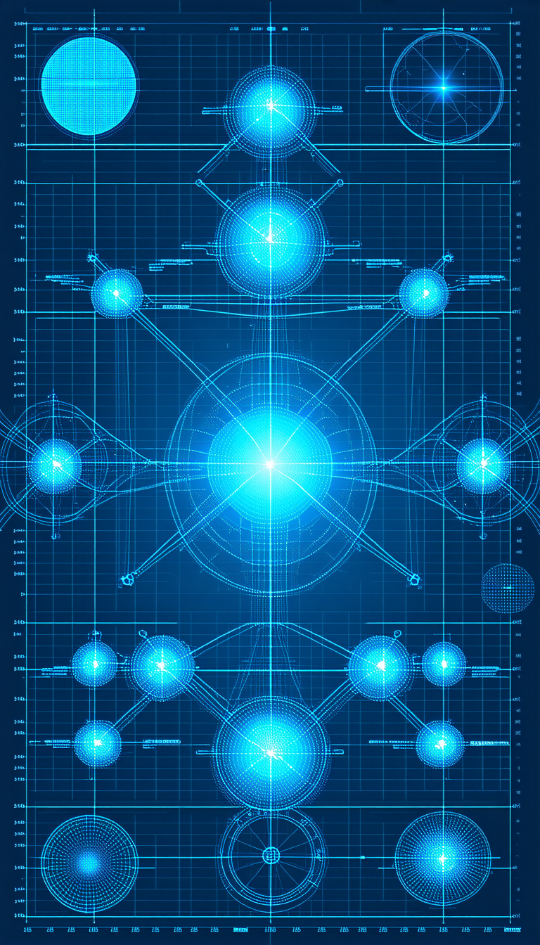 The Image Is A Blue And White Drawing Of A Sphere With Multiple Circles Surrounding It